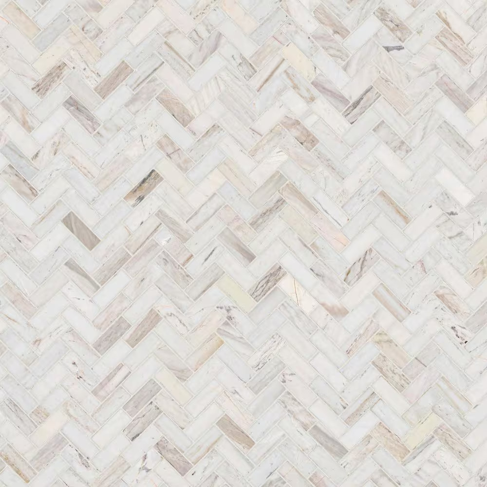 Angora Herringbone 12 In. X 14 In. X 0.38 In. Polished Marble Mesh-Mounted Mosai