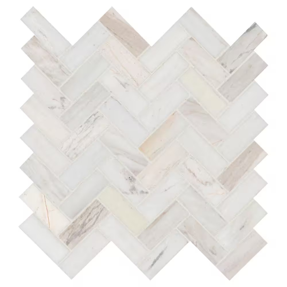 Angora Herringbone 12 In. X 14 In. X 0.38 In. Polished Marble Mesh-Mounted Mosai