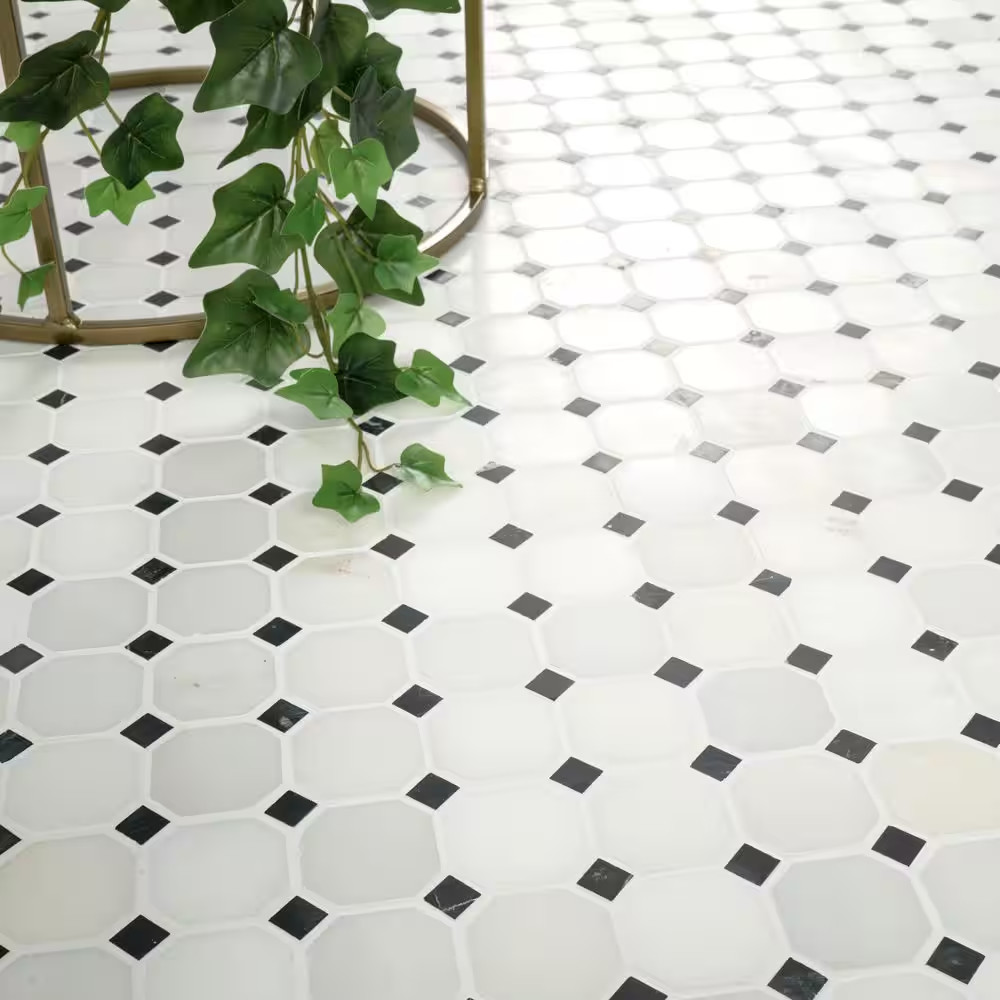 Greecian White 12X12X0.38 In. Honed Marble Octagon Mosaic White Marble and Black