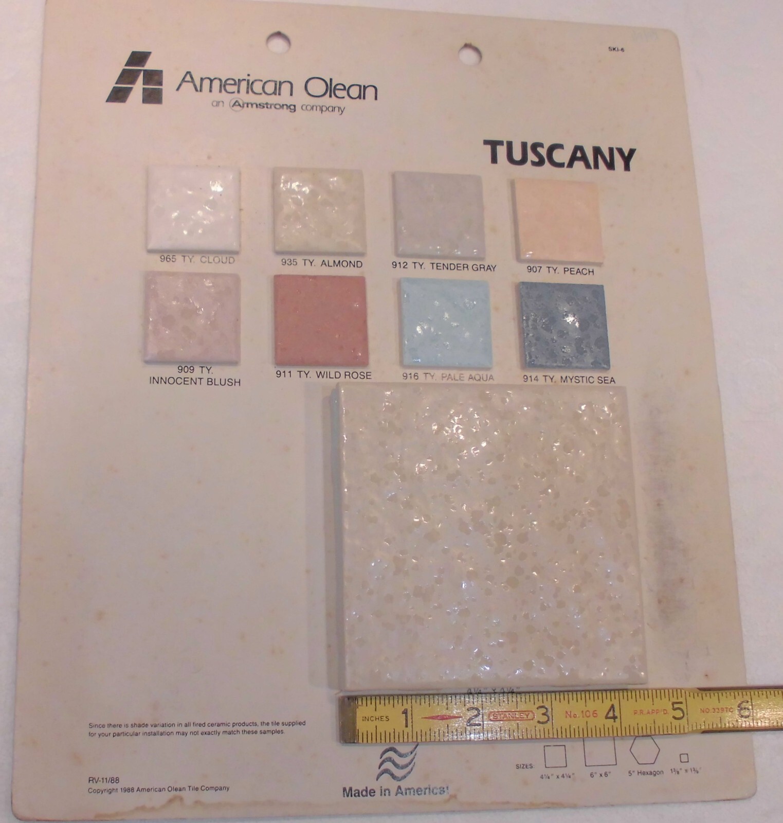 1 pc. *Almond Color* Bumpy Ceramic Tile: Tuscany; by American Olean 4-1/4″ NOS