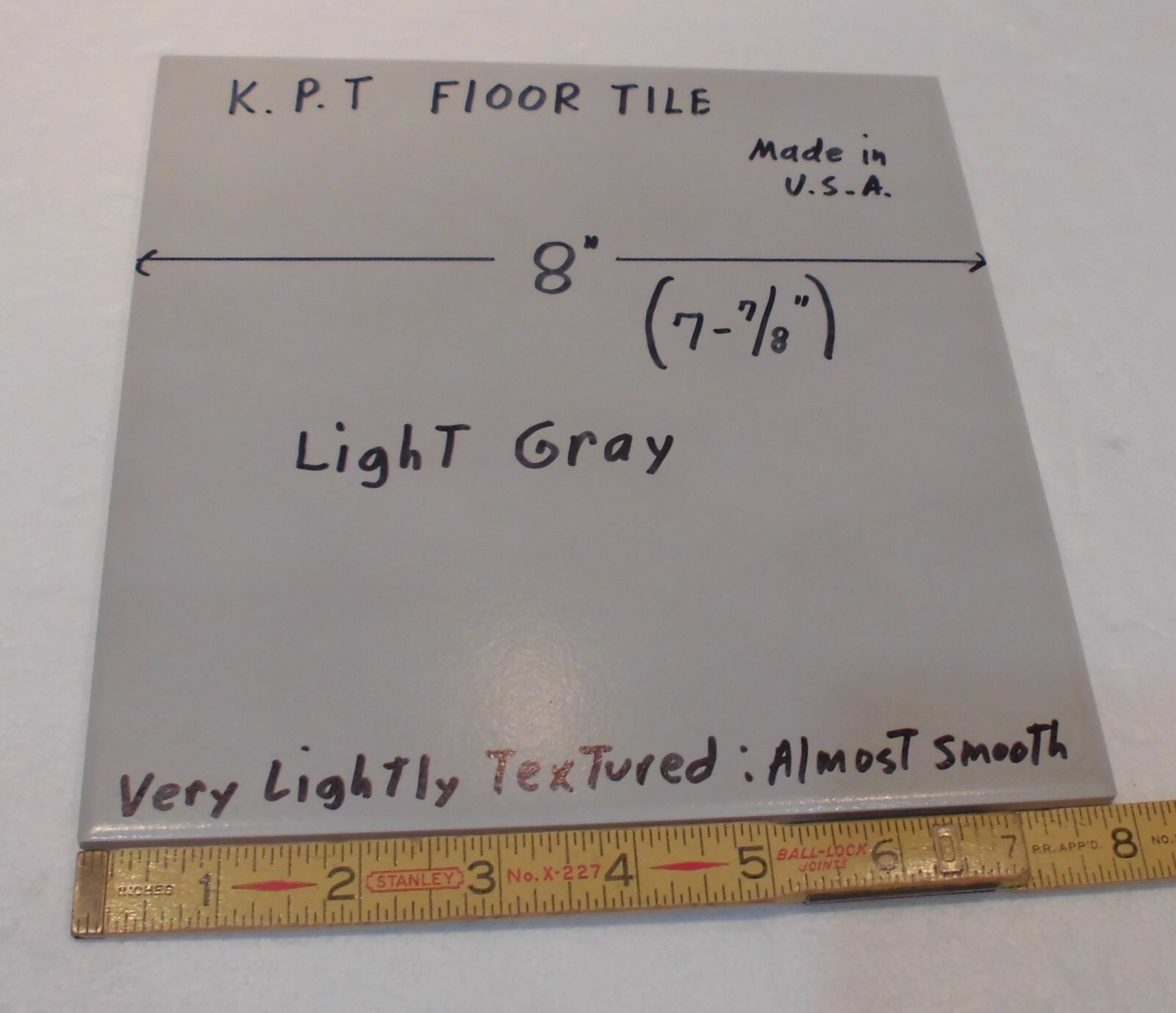 1 pc. Light Gray Ceramic Floor Tile: 8″ X 8″ Smooth, Made USA by K.P.T. NEW