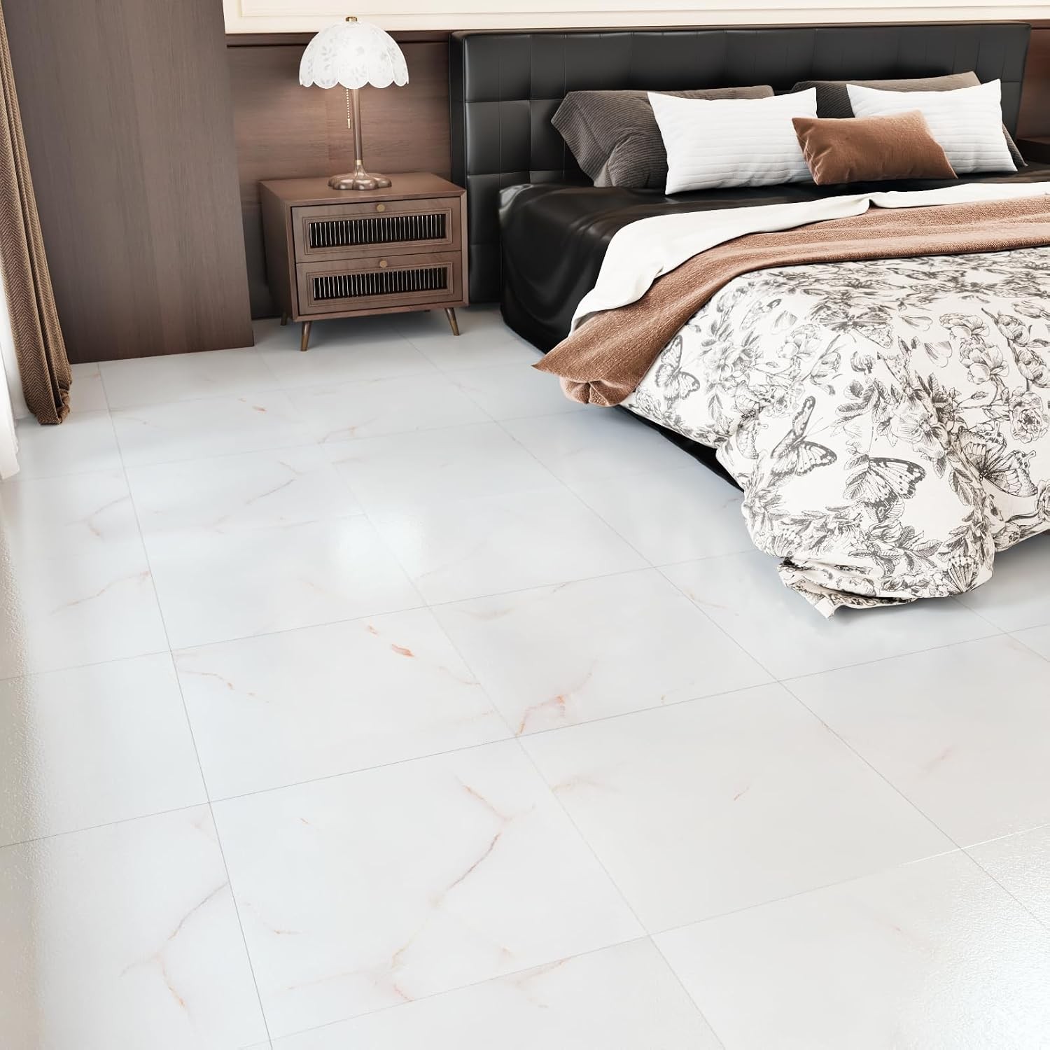 White/Red Peel and Stick Floor Tile Waterproof White Marble Floor Tiles for