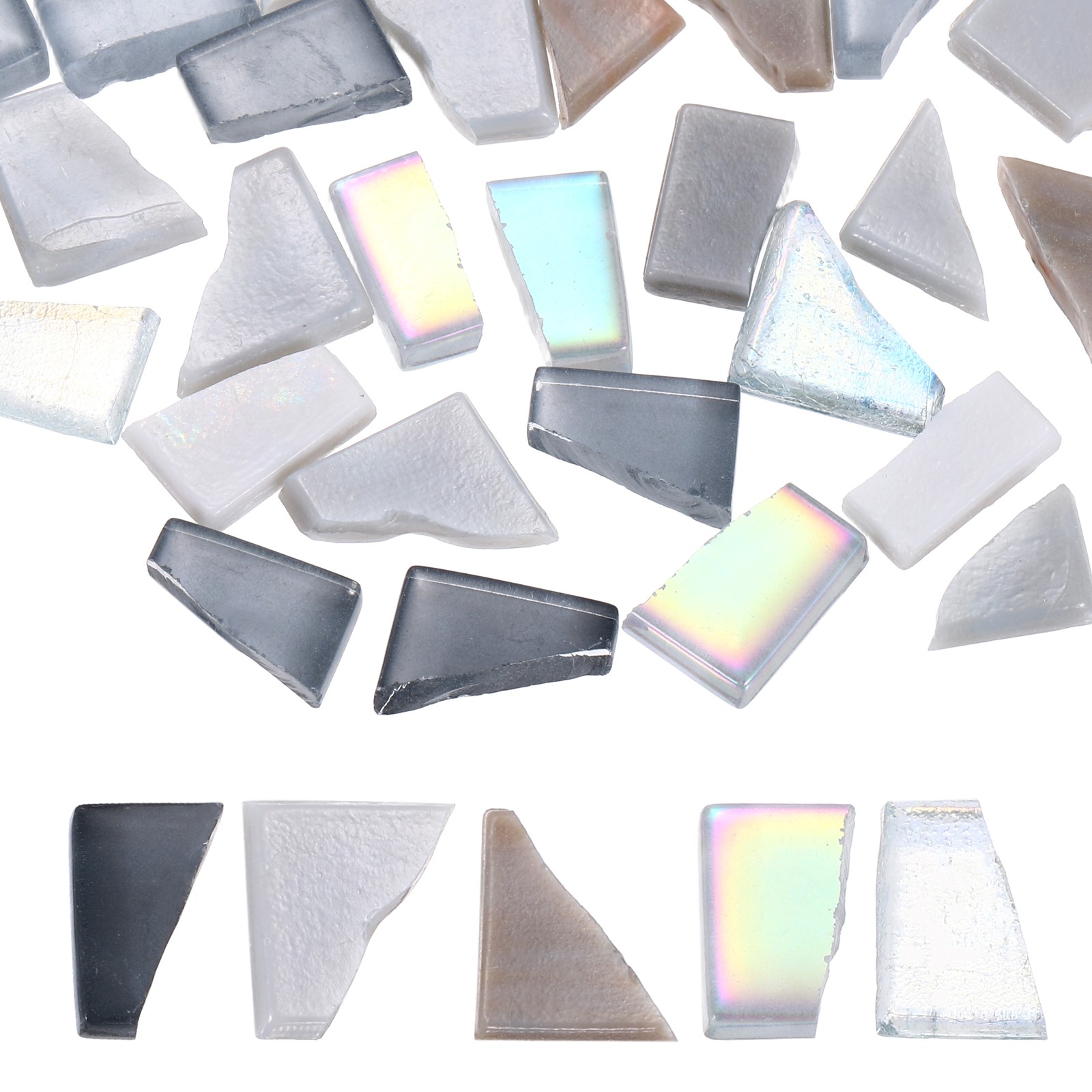 Irregular Glass Mosaic Tiles, 500g/1.1LB Stained Glass Sheets, White Gray Series