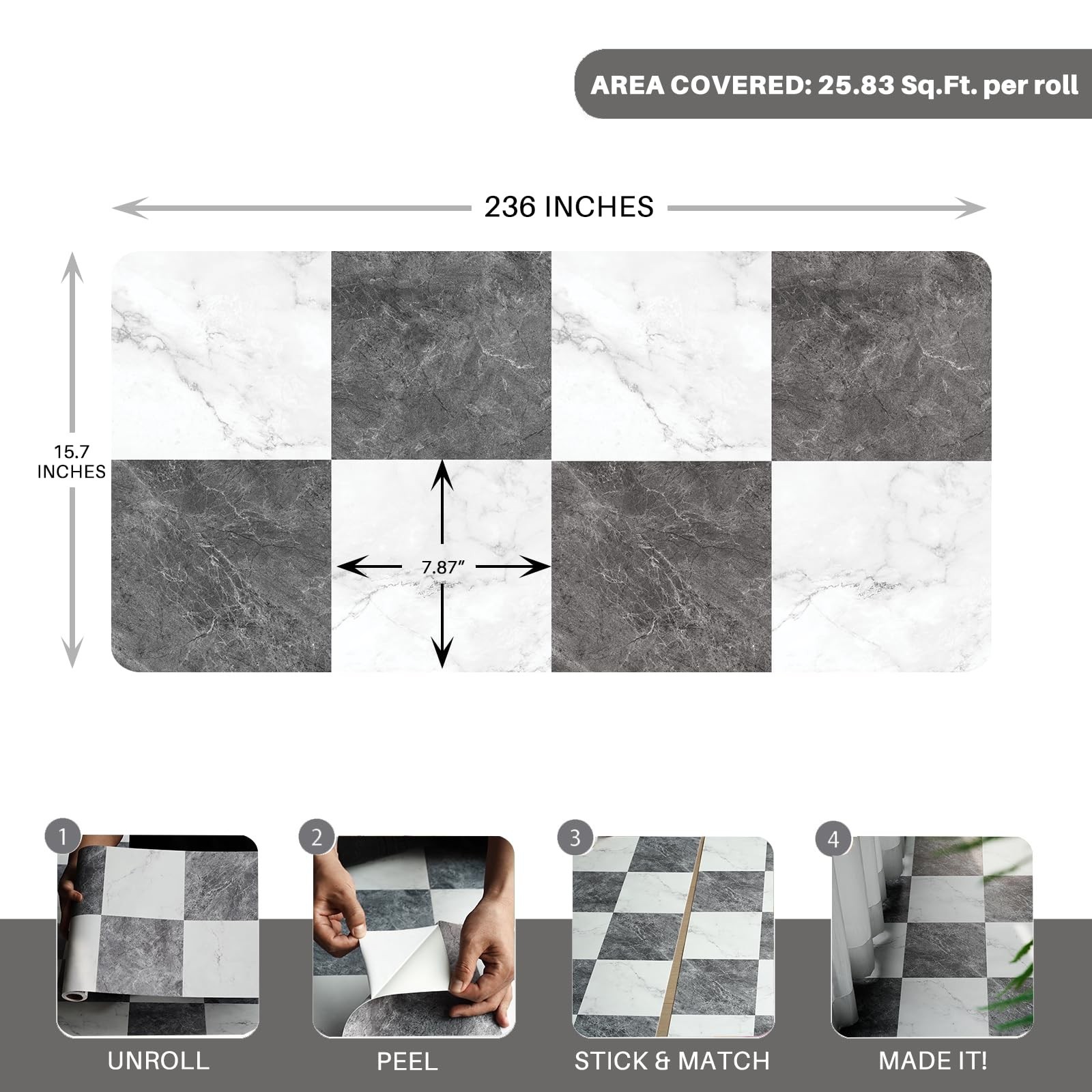 Auxua Checkered Peel And Stick Vinyl Flooring Roll 15.7″x 236″ Matte Finish