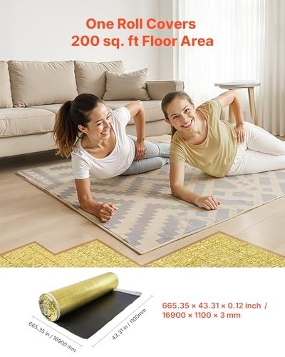 3-in-1 Flooring Underlayment 200 sq ft, 3mm Thick Foam Padding, Soundproof & Vap