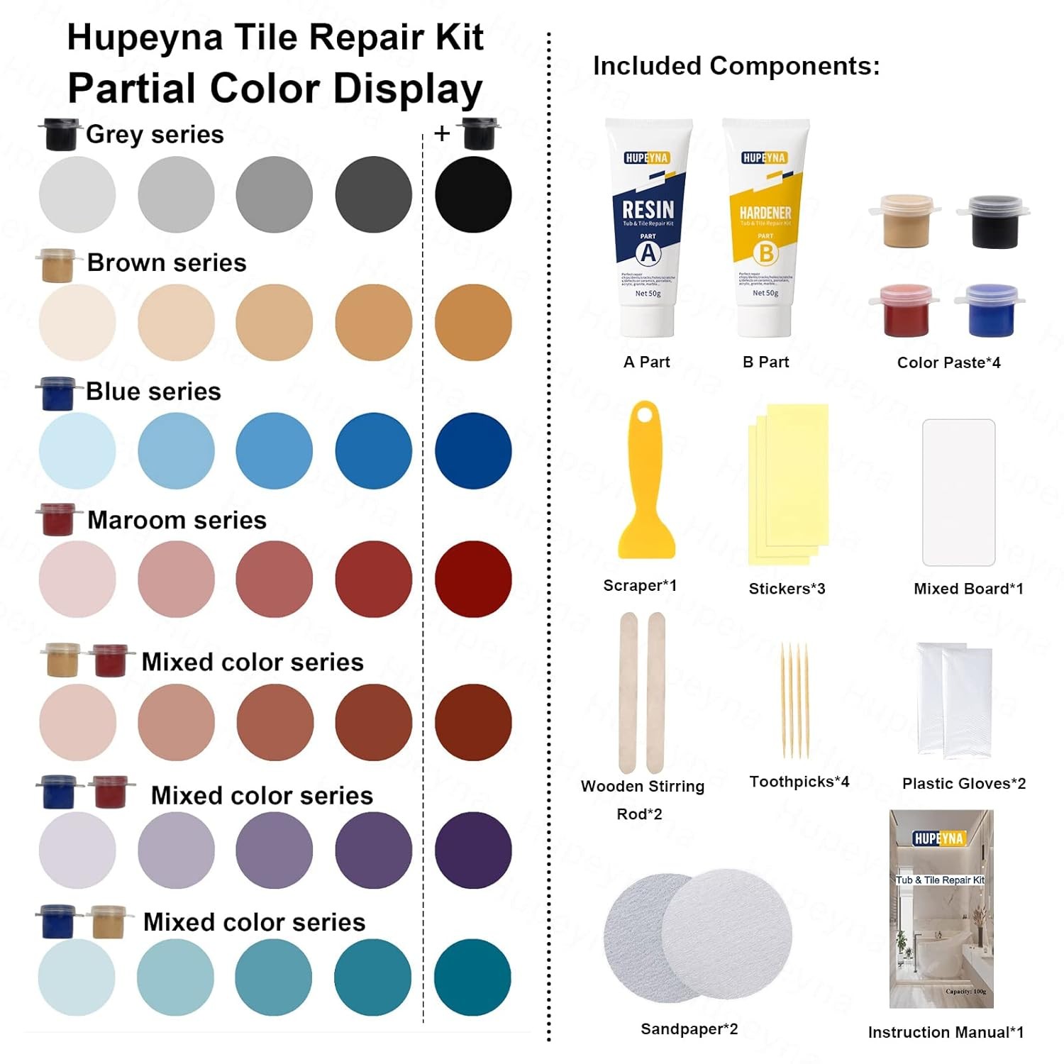 Tub, Tile and Shower Repair Kit (Color Match), Hupeyna Porcelain Repair Kit, Bat