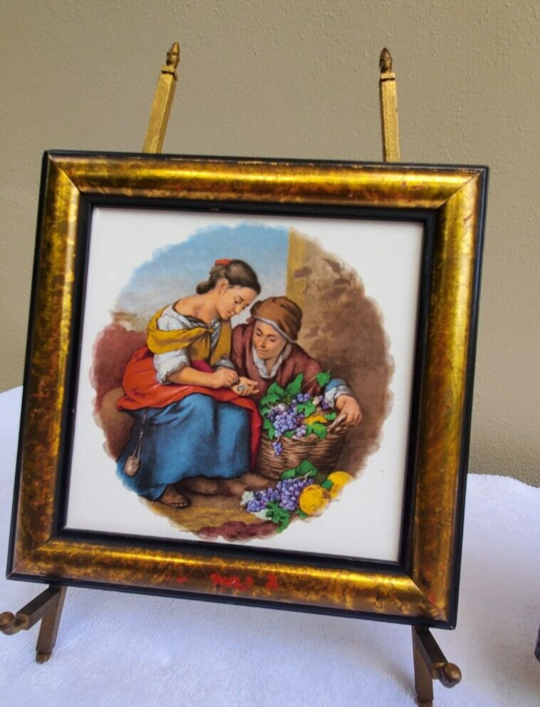 Pair H & R Johnson Ltd, Tiles figures with fruit framed made in England