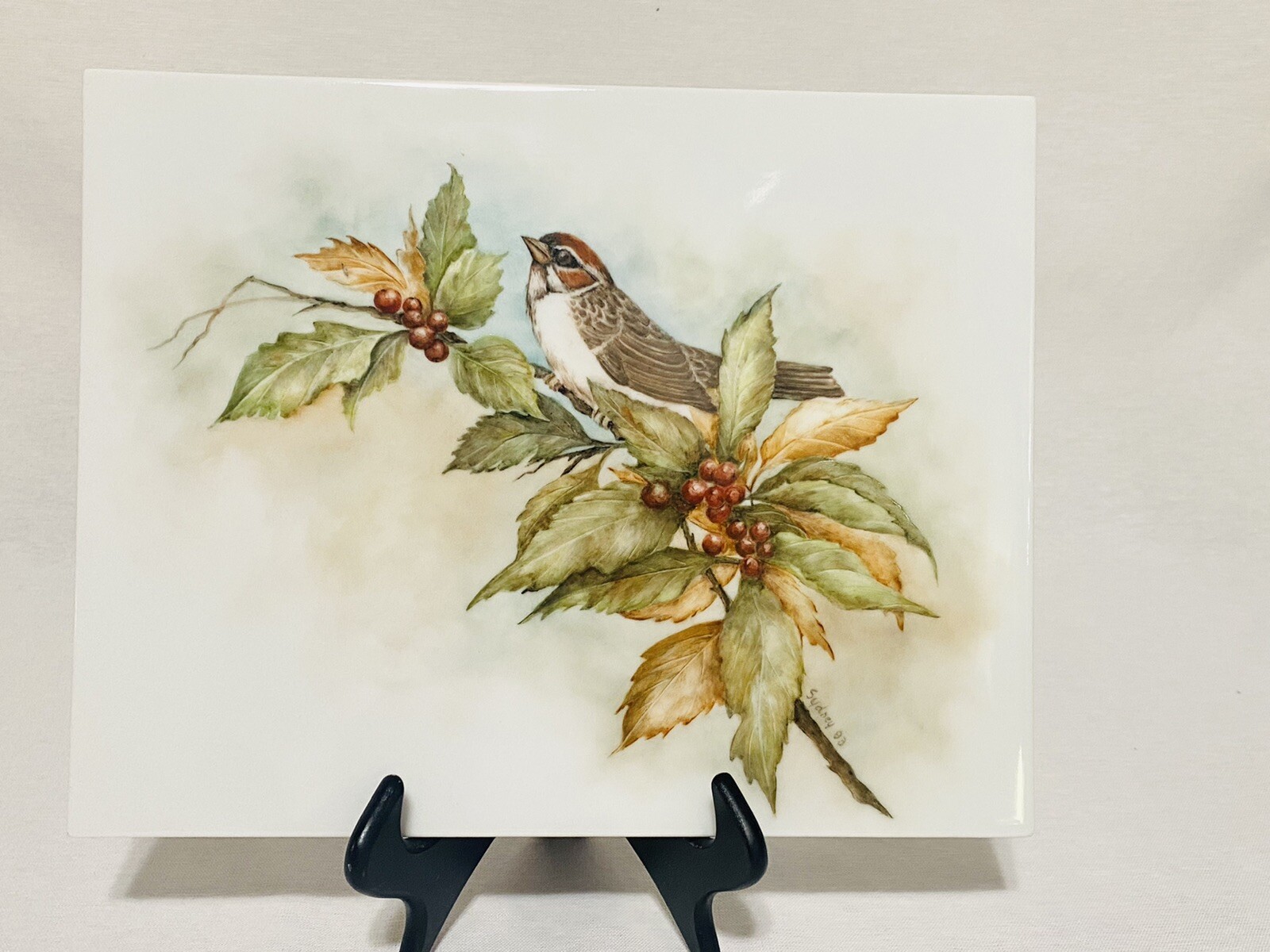 Sparrow on a Lingonberry Branch Art Border Backsplash Ceramic Craft Tile 8”x10”