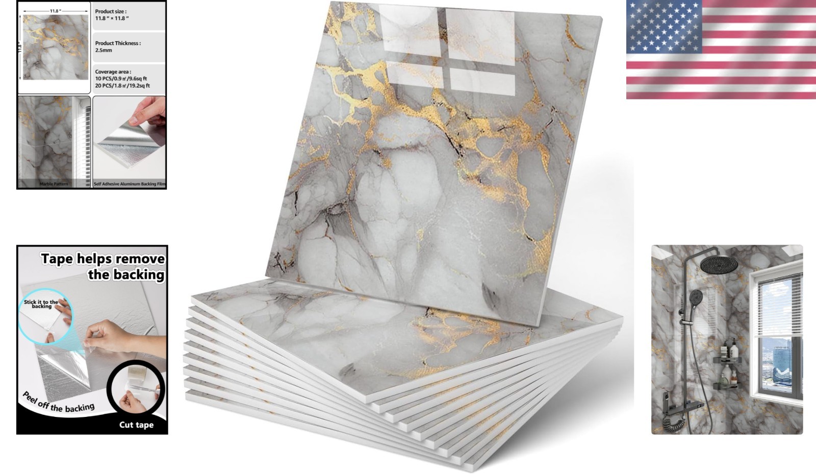 Self-Adhesive 11.8” Marble Wall Tiles – 20PC Waterproof PVC Panels in Gold