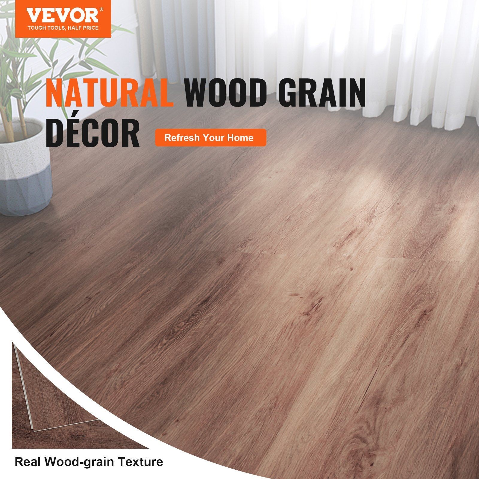 Interlocking Vinyl Floor Tiles 48×7.3in, 10-Pc Deep Brown Wood Grain, 5.5mm