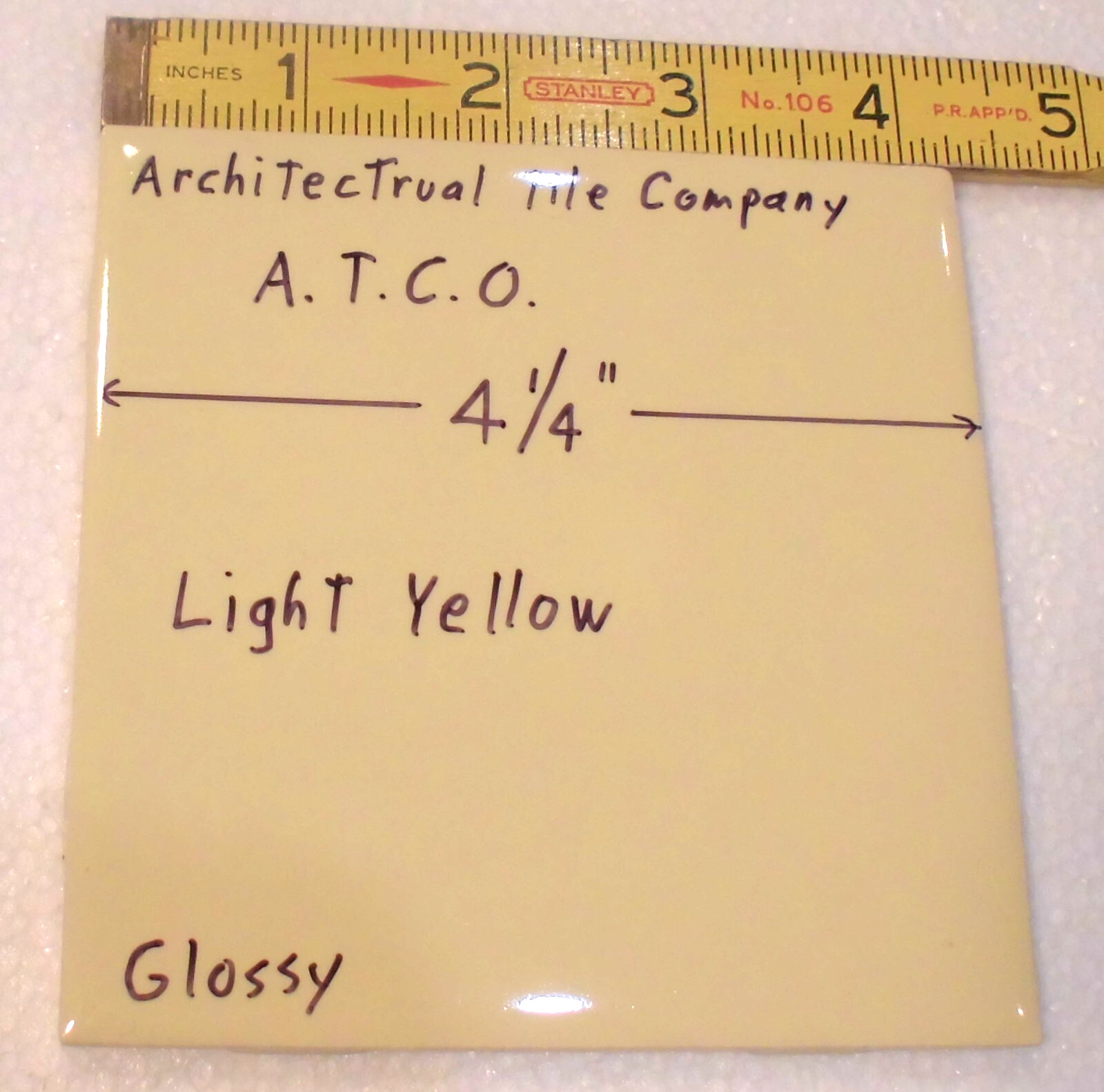 1 pc. Lighter Yellow: 4-1/4″ Glossy Ceramic Tile by A.T.C.O. Made in USA, New