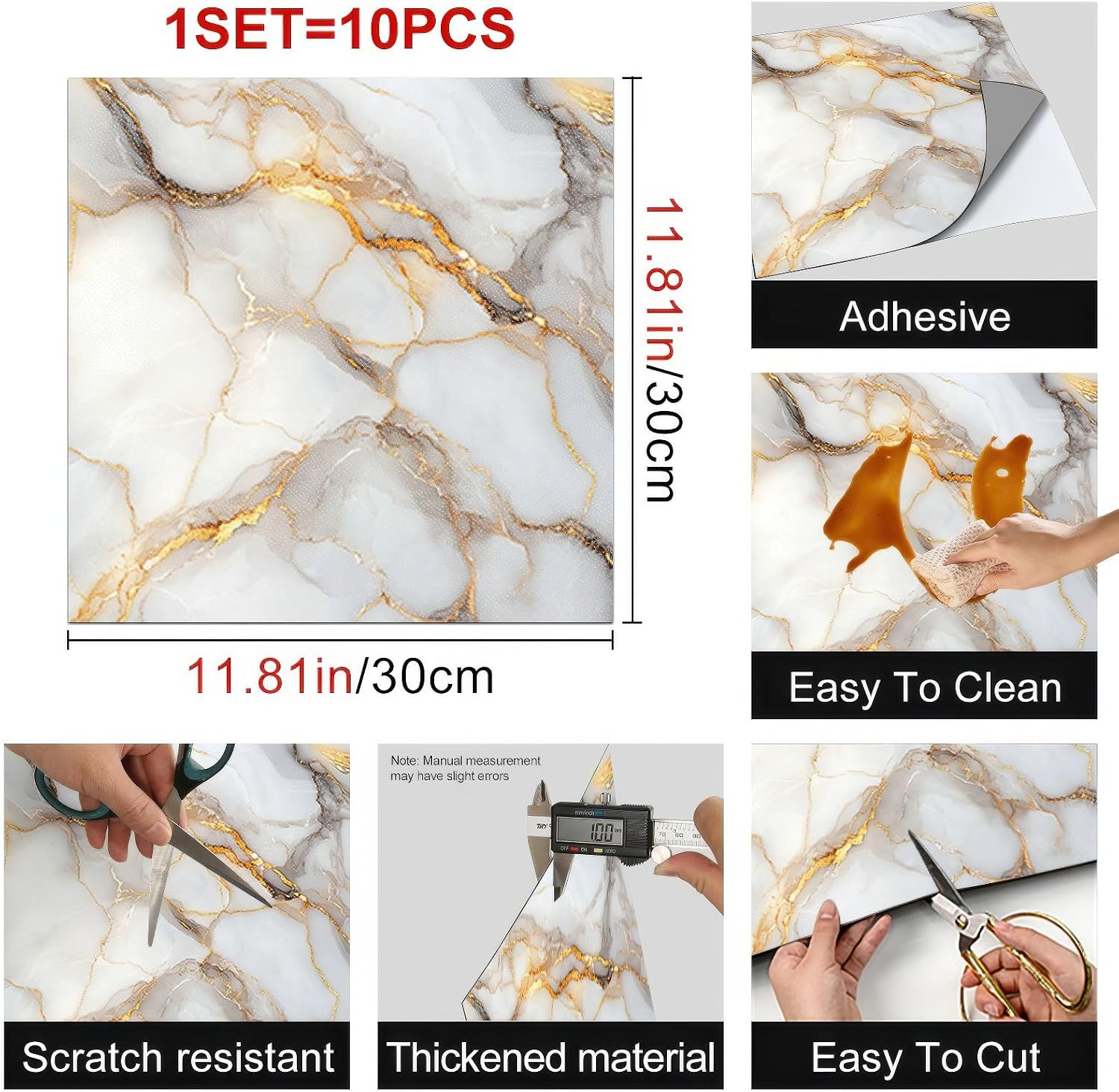 10PCS 12×12 Gold Vein Marble Peel and Stick Vinyl Floor Tiles