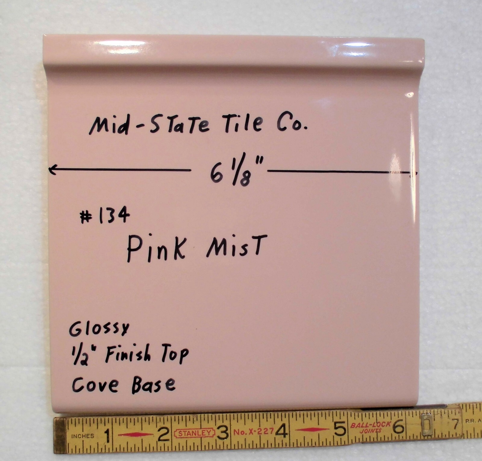 1 pc. Vintage Glossy *Pink Mist* 6” X 6” Ceramic Cove Base Tile by MID-STATE