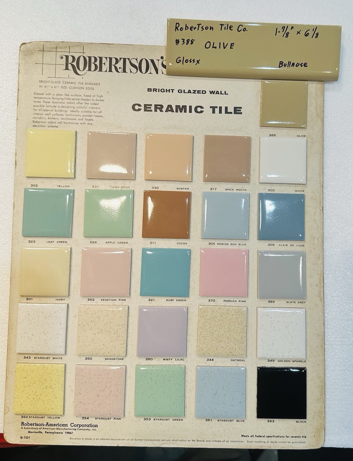 1 pc. Olive – Green: 2” X 6” Glossy Bullnose Ceramic Tile by Robertson, NOS