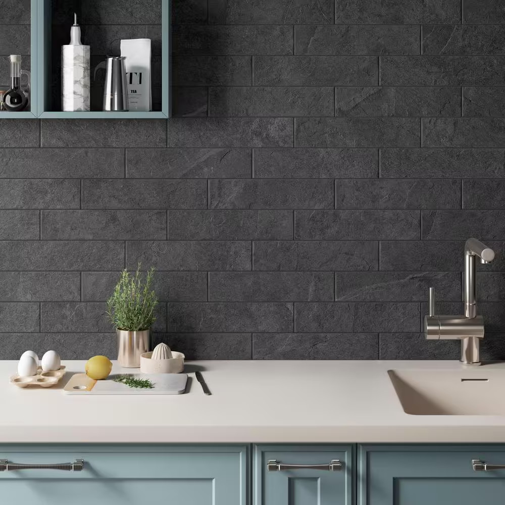 Slate Black Matte 3 In. X 12 In. Stone Look Porcelain Floor and Wall Tile (3.39