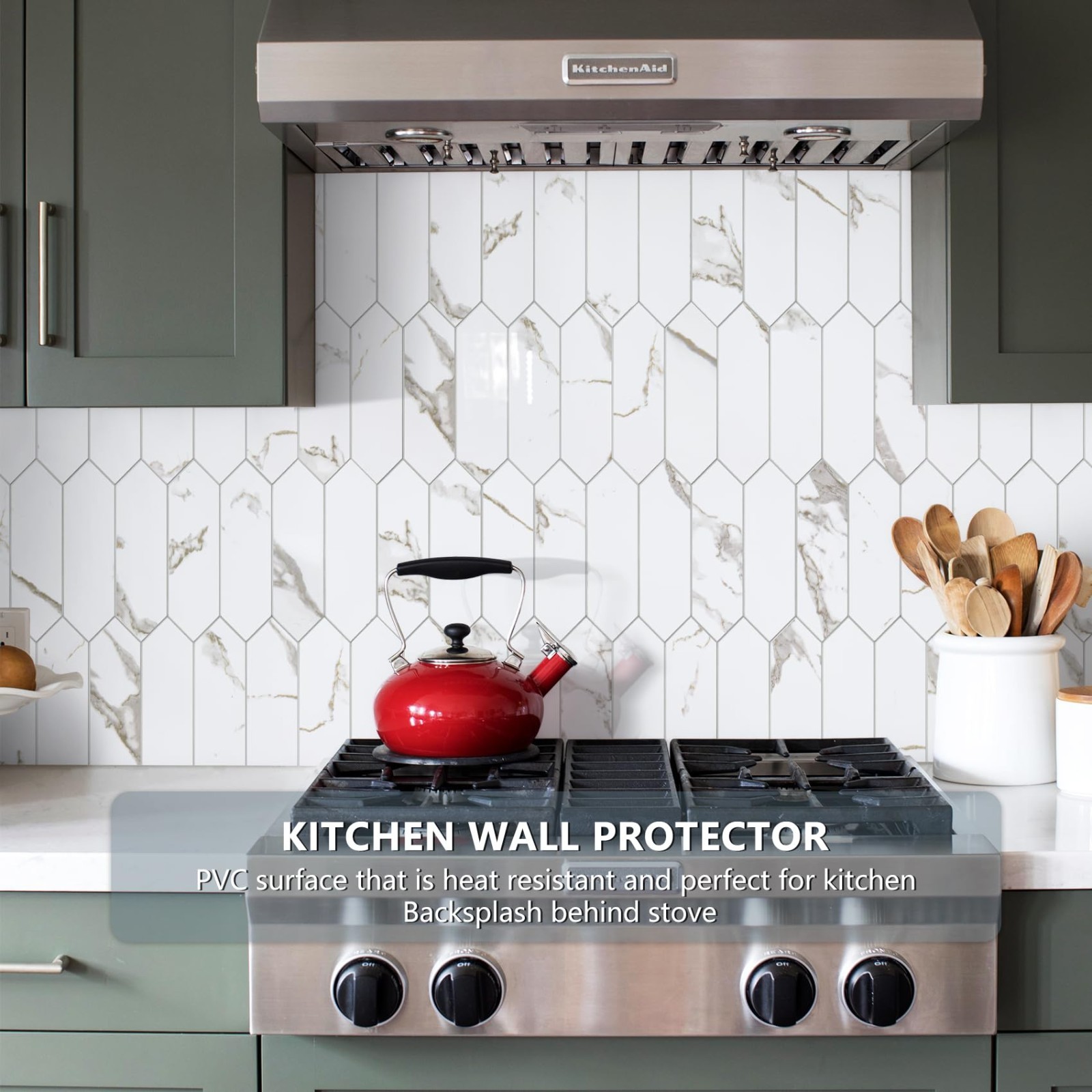 Glossy White Marble Peel and Stick Backsplash Tile with Gold Veining, 12.8″ Hexa