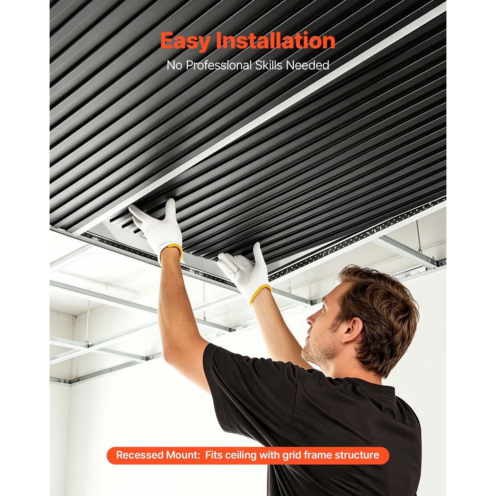 24 x 48 in PVC Ceiling Tiles 12 – Pack 3D Black Linear Slat Panels, Smooth PVC