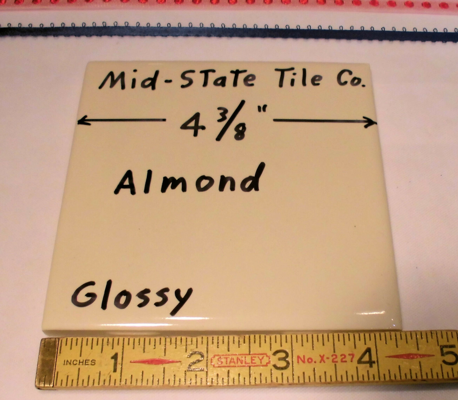 1 pc. *Almond* Glossy 4-3/8″ Ceramic Tile by Mid-State Co.; New Old Stock USA
