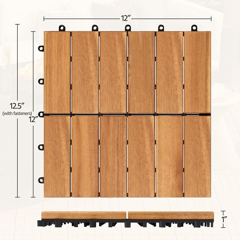 Acacia Wood Interlocking Patio Tiles Non-Slip Outdoor Flooring 11.81×11.81in New
