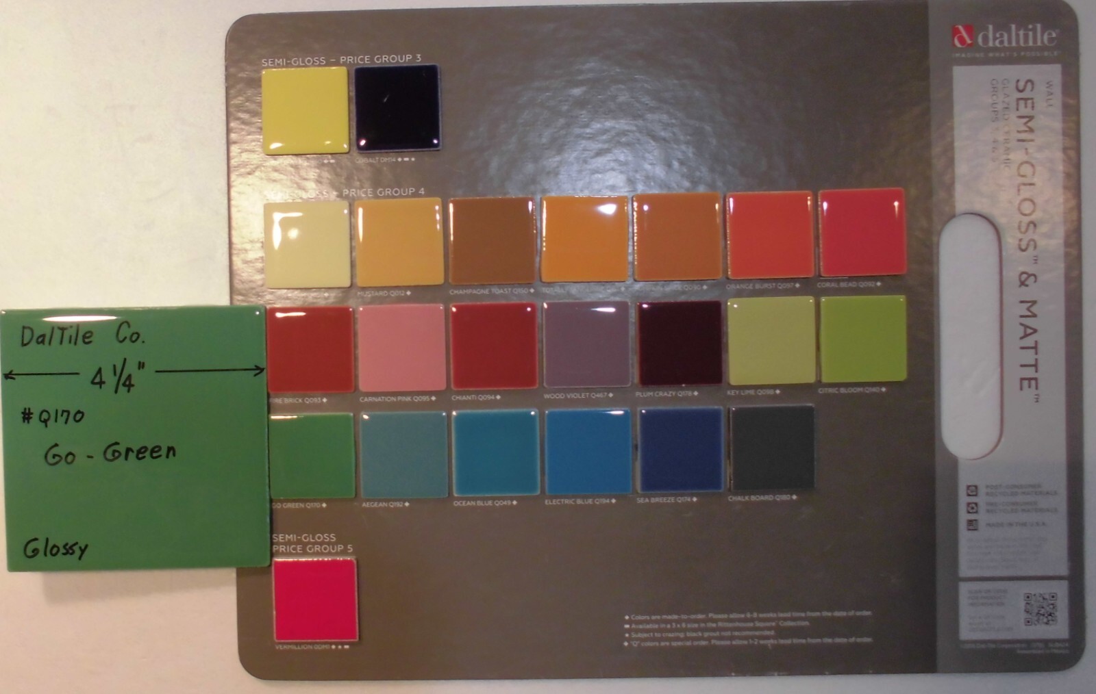 1 pc. Go Dark Green: 4-1/4″ Glossy Ceramic Tile by Daltile, Best Quality, NEW