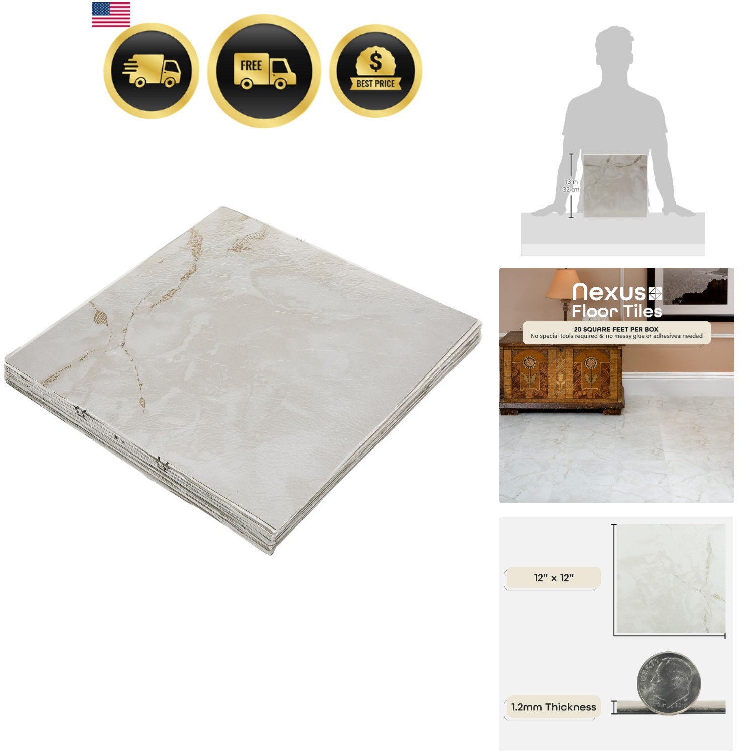 Nexus Self Adhesive 12-Inch Vinyl Floor Tiles, 20 Tiles – 12″ x 12″, Classic …