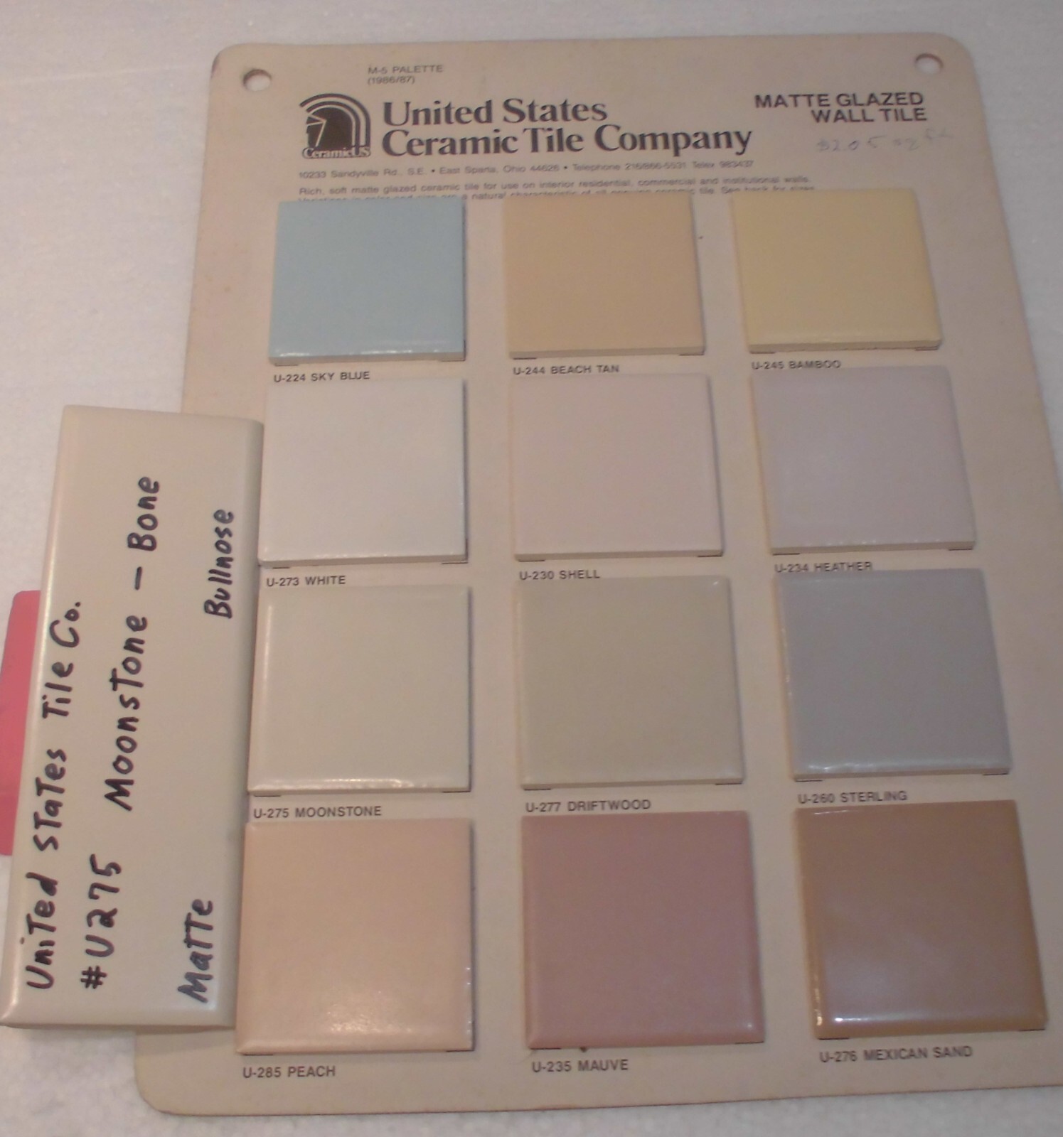 1 pc. Matte Bone: Bullnose Surface Flat Ceramic Tile #U-275 Moonstone, Made USA