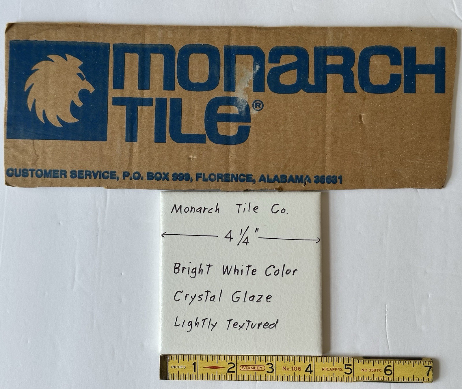 1 pc. Bright White 4-1/4″ Crystal Glazed Ceramic Tile by Monarch Tile Co. NEW