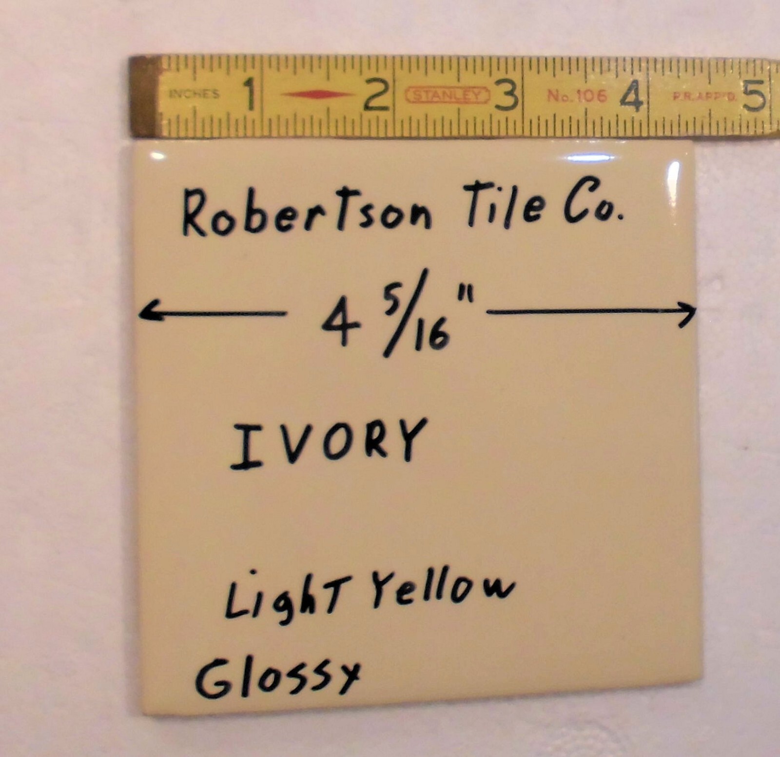 1 pc. Ivory – Light Yellow: 4-5/16″ Glossy Ceramic Tile by Robertson Co. NEW