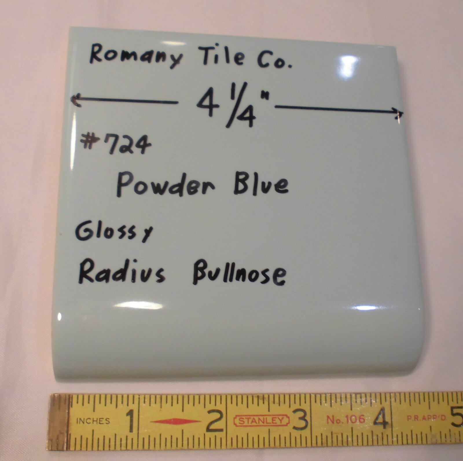 1 pc. Powder Blue: Glossy Radius Bullnose Ceramic Tile 4-1/4″ by Romany Co. NOS