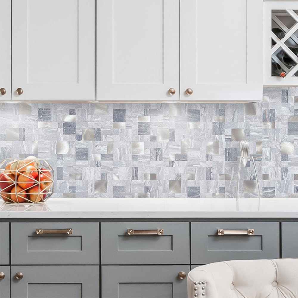 1 Sheet Grey Marble Peel and Stick Tile Backsplash, Mixed Metal Silver Chips Kit