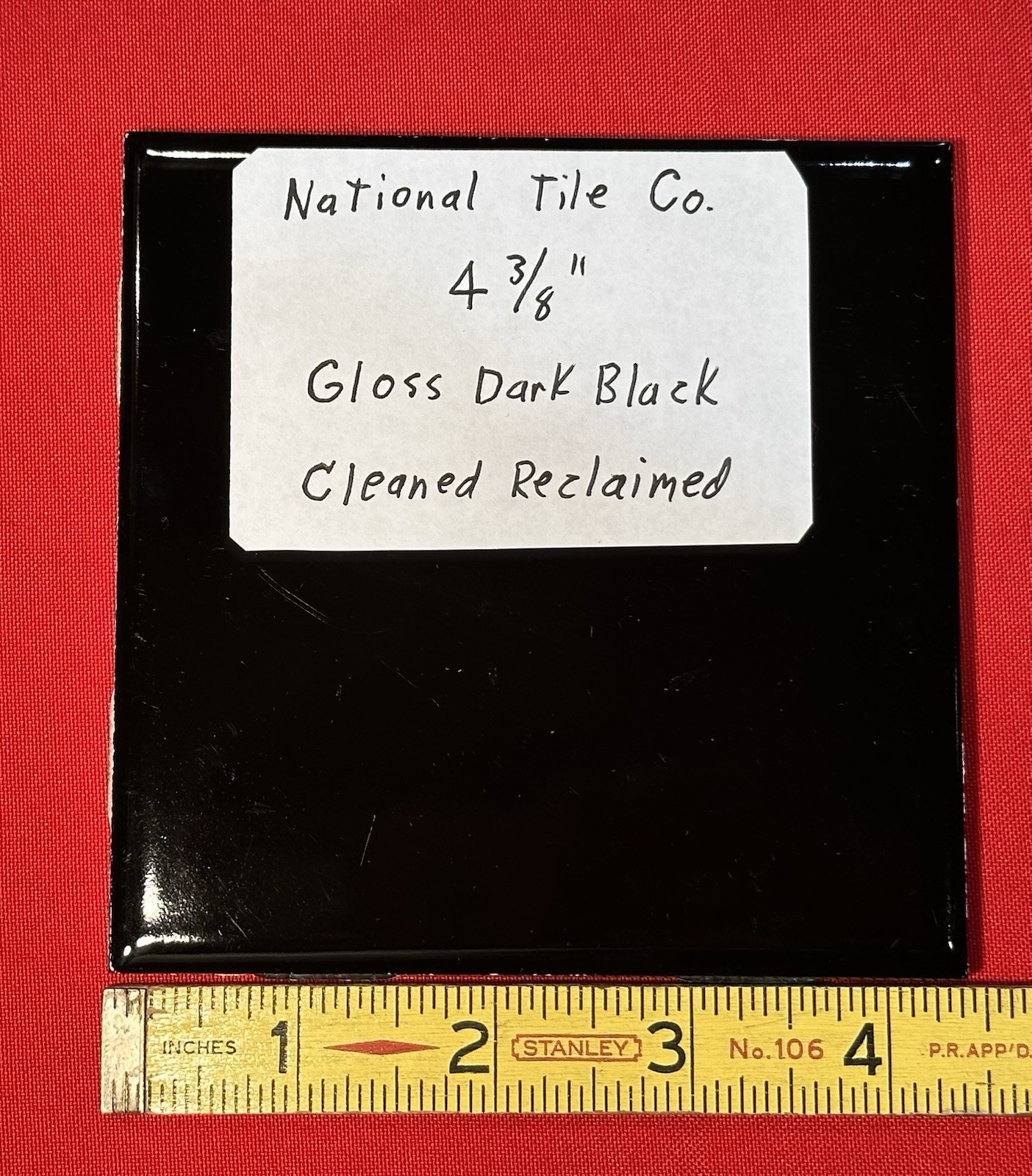 1 pc. Gloss Black: Reclaimed Ceramic Tile 4-3/8″ National Tile Co. Cleaned
