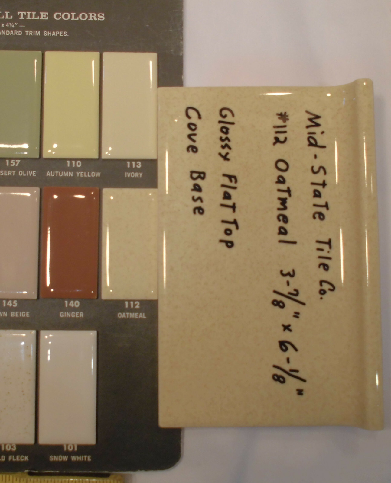 1 pc. Glossy *Oatmeal* 4” X 6” Ceramic Cove Base Tile by Mid-State, flat top