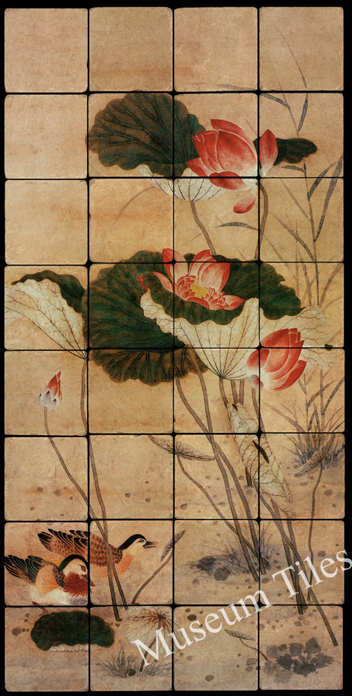 Art Painting Tumbled Marble Mural 16×32 Chinese Lotus Pond
