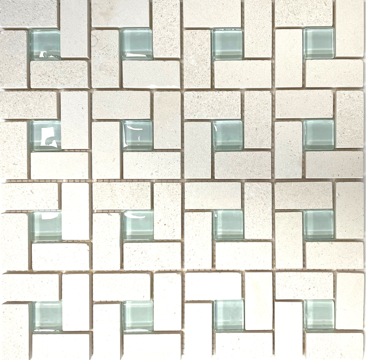 1X2 Pinwheel Vanilla Limestone with Ocean Blue Shiny glass Mosaic Wall Tile