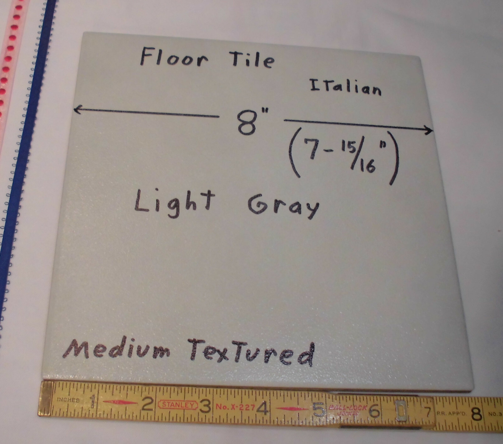 1 pc. “Light Gray” Ceramic Floor Tile 8″ X 8″ Medium Textured; Italian Made New