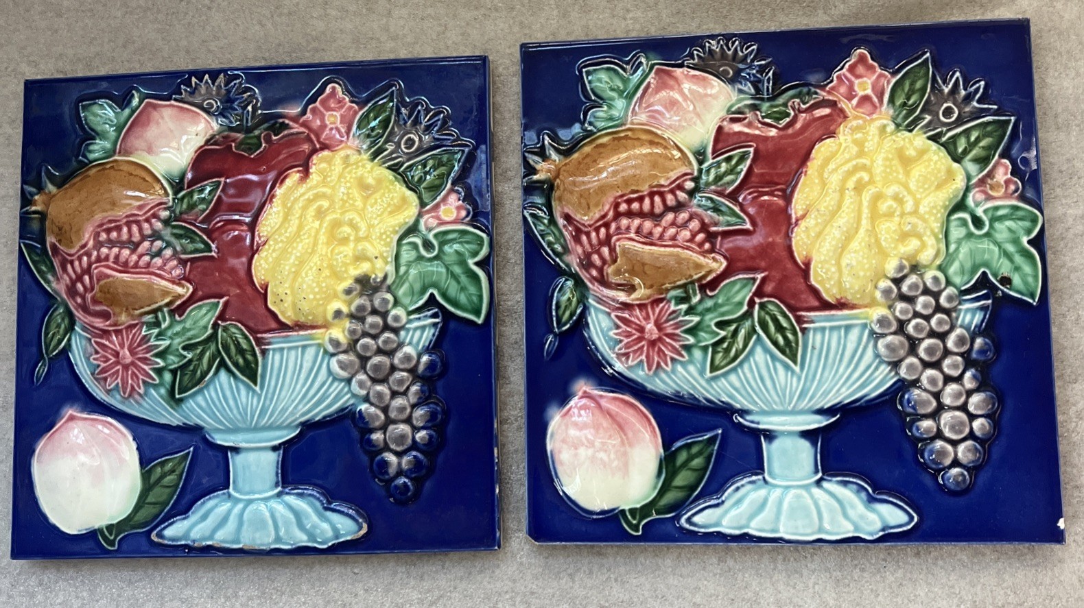Pair Antique Japanese Danto DK Majolica Relief Tiles Fruit Basket Blue Cobalt 6”