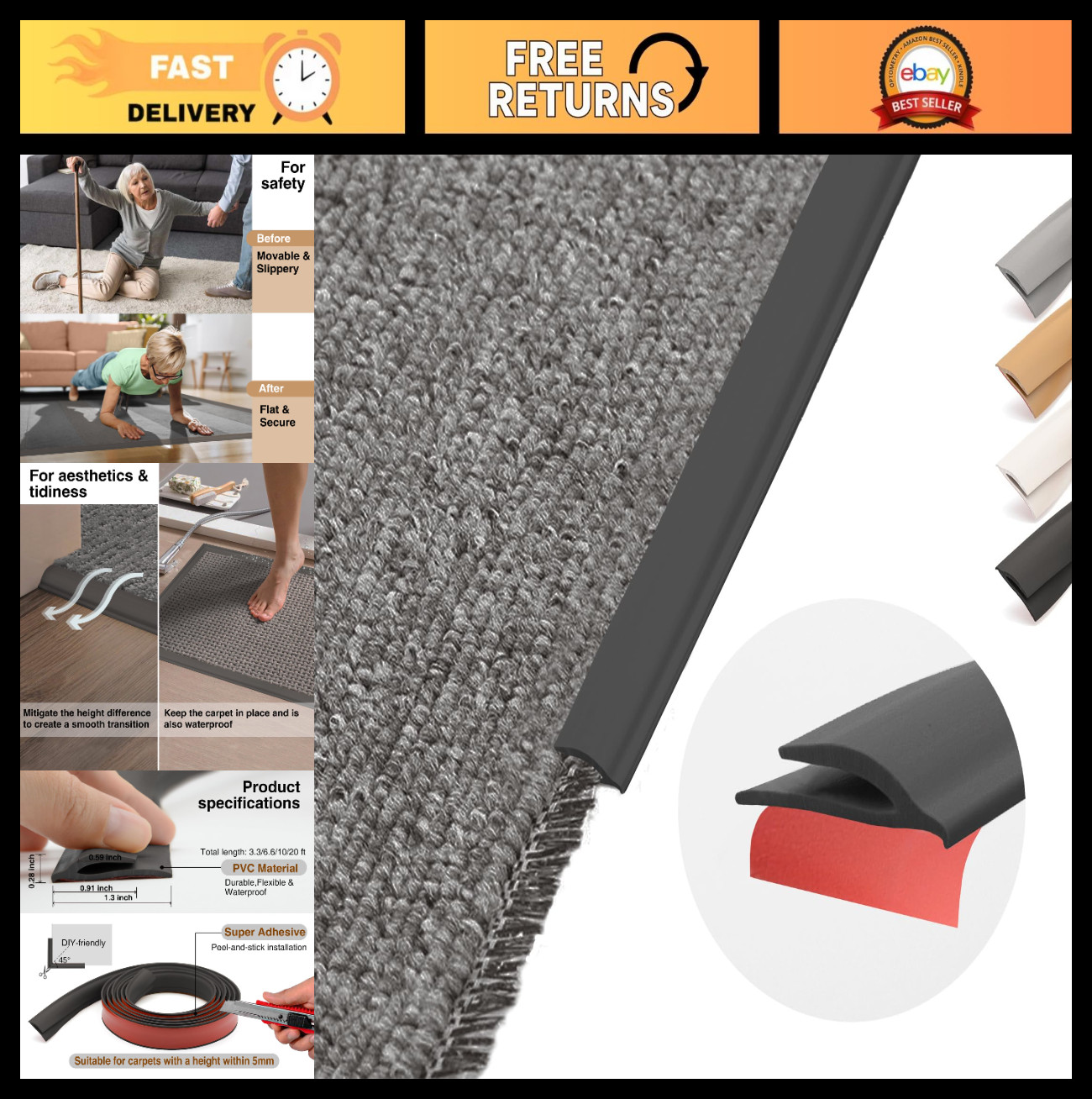 Self-Adhesive PVC Carpet Edge Trim Strip – Waterproof Floor Transition, Cuttable