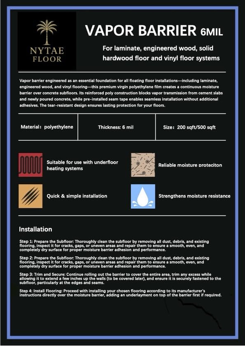 6 Mil Moisture Barrier Underlayment – 200 to 800 Sqft Options Available