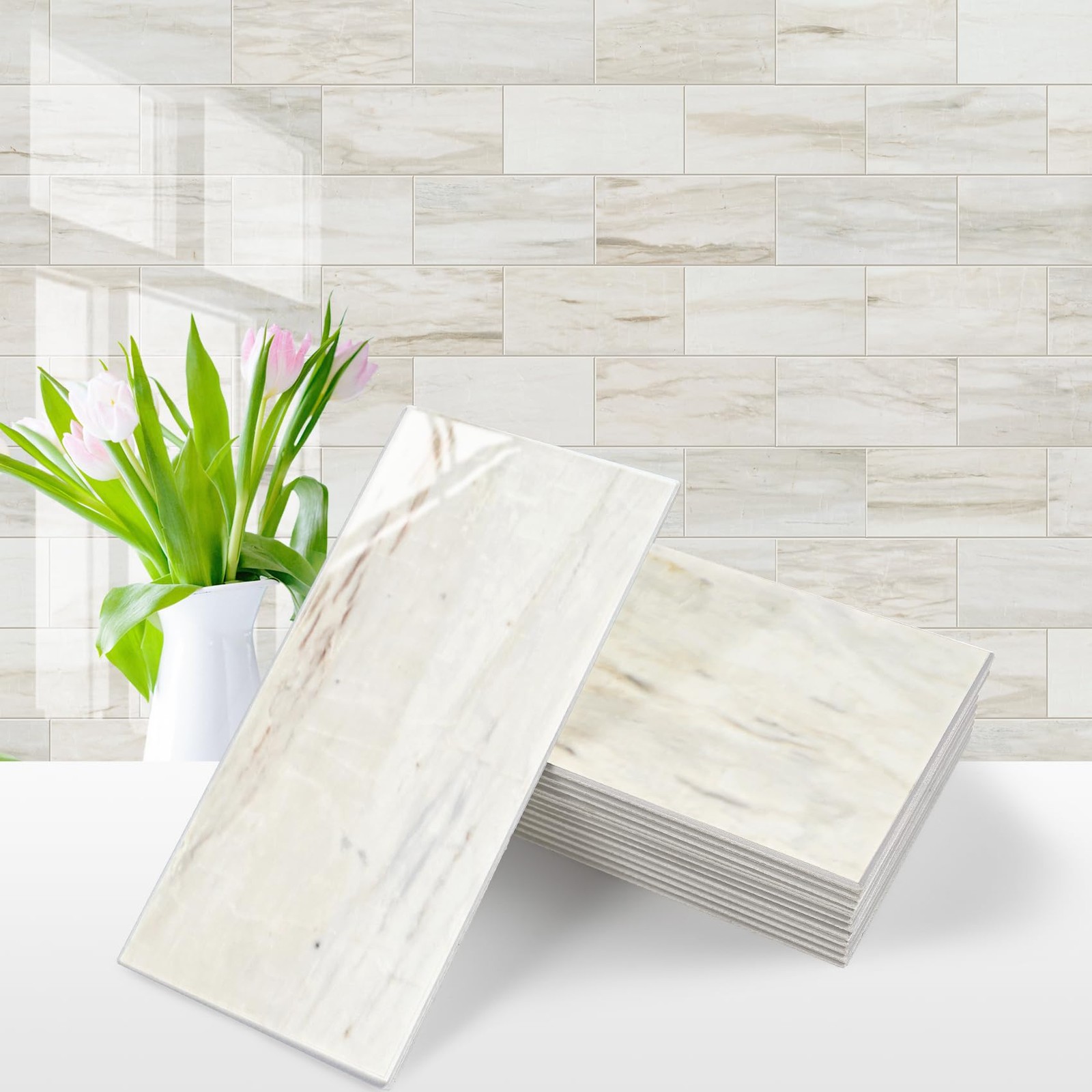 4-Piece Glossy Wooden Marble Grain Peel and Stick Backsplash Tile,3”x6” PVC…