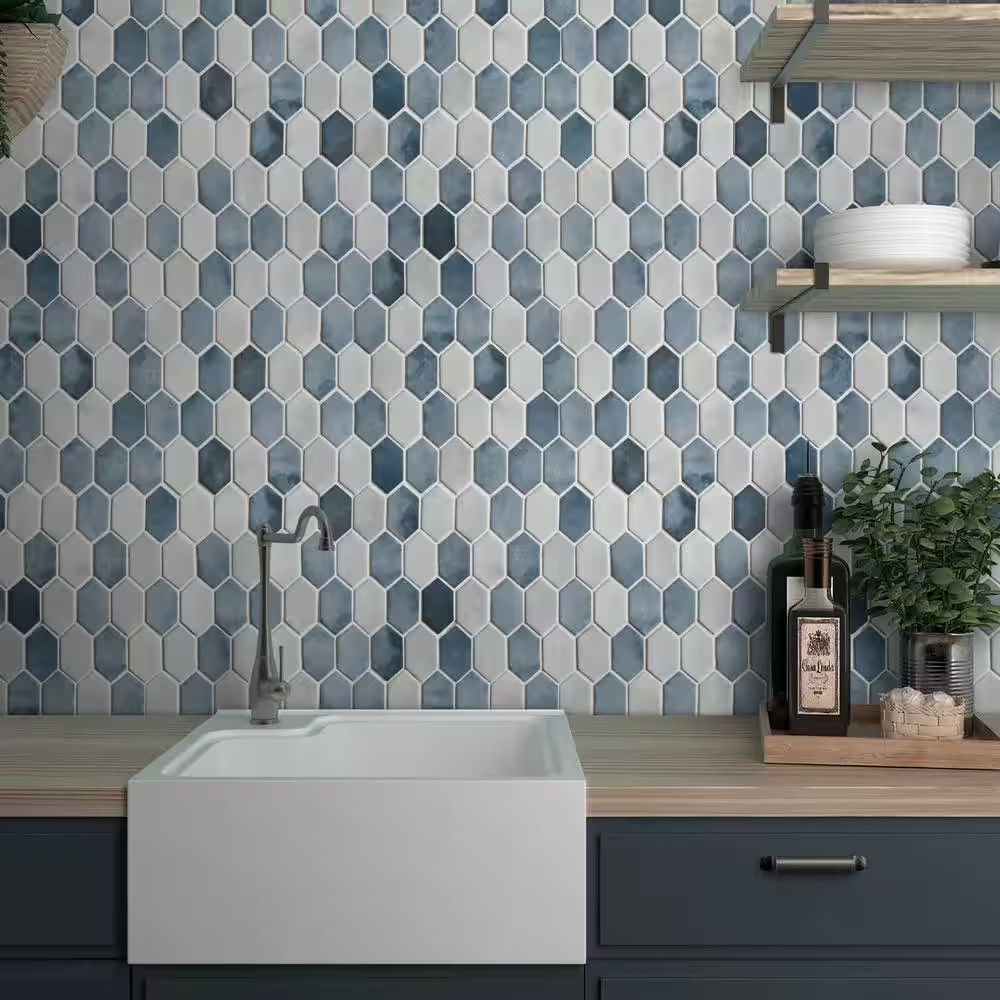 Picket Blue Mix 10.7 In. X 10.1 In. Long Hexagon Recycled Glass Cement Looks Mos