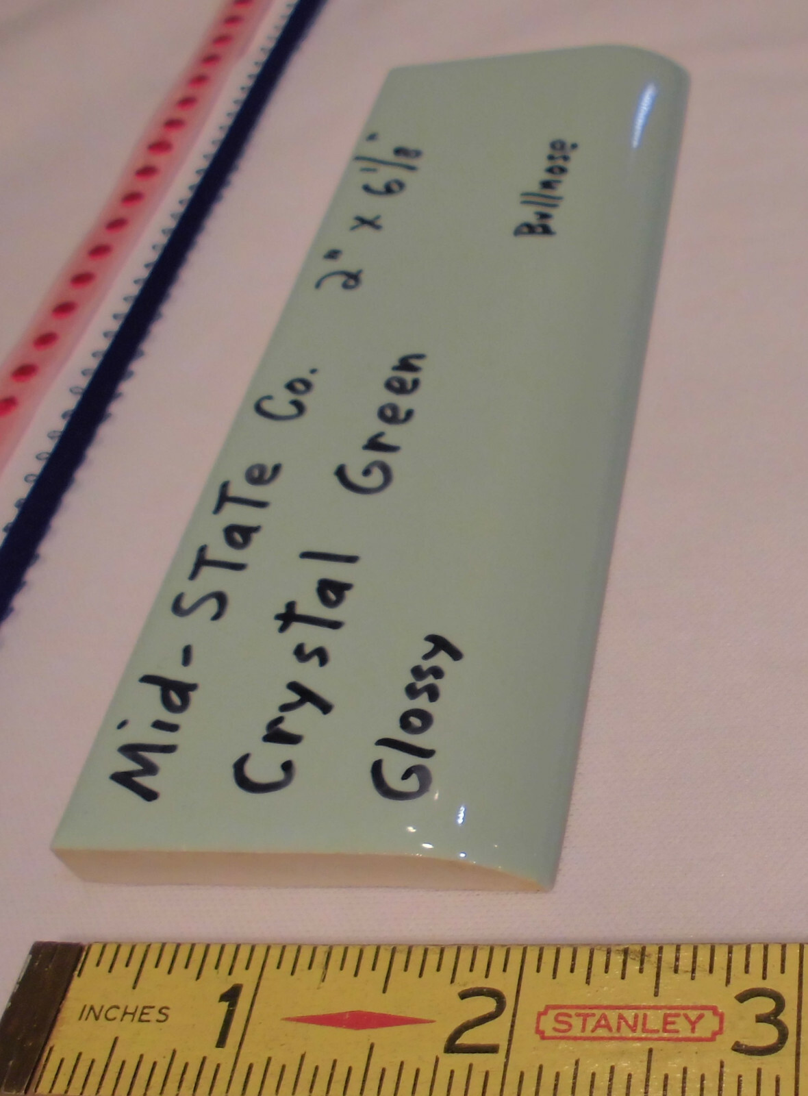 1 pc. Crystal Green: 2” X 6” Glossy Ceramic Bullnose Tile by MID-STATE, NOS