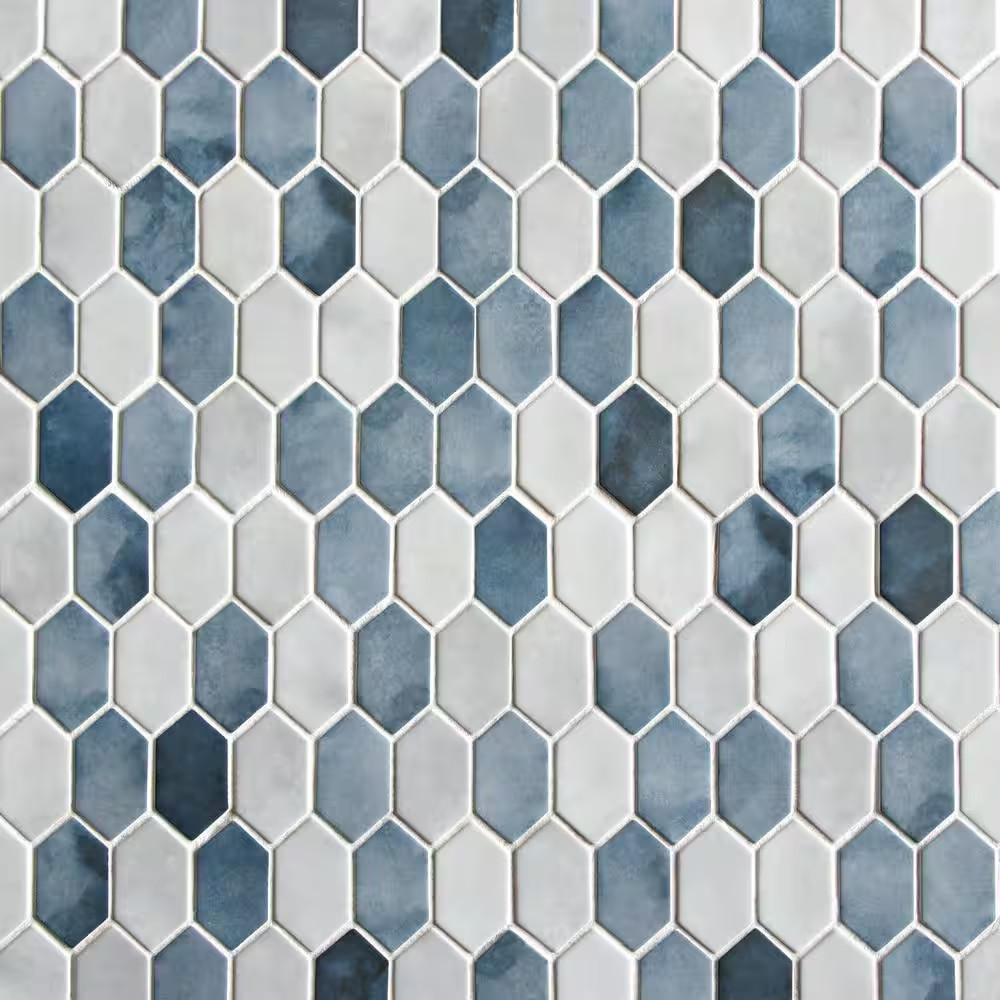 Picket Blue Mix 10.7 In. X 10.1 In. Long Hexagon Recycled Glass Cement Looks Mos