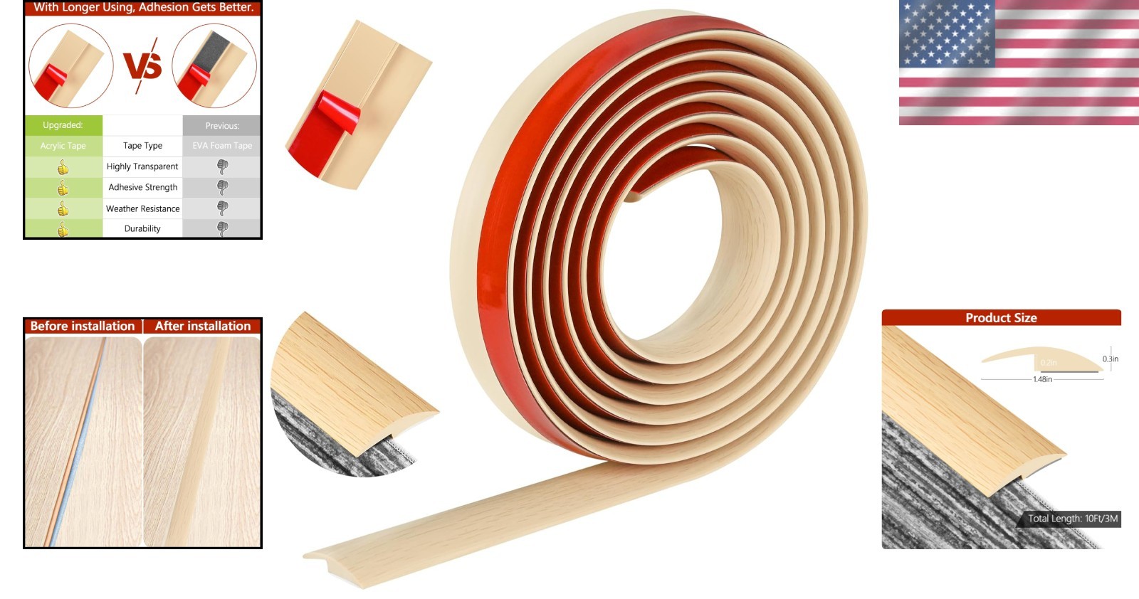 Water-Resistant 10Ft PVC Flooring Transition Strip – Smooth Edging for All Types