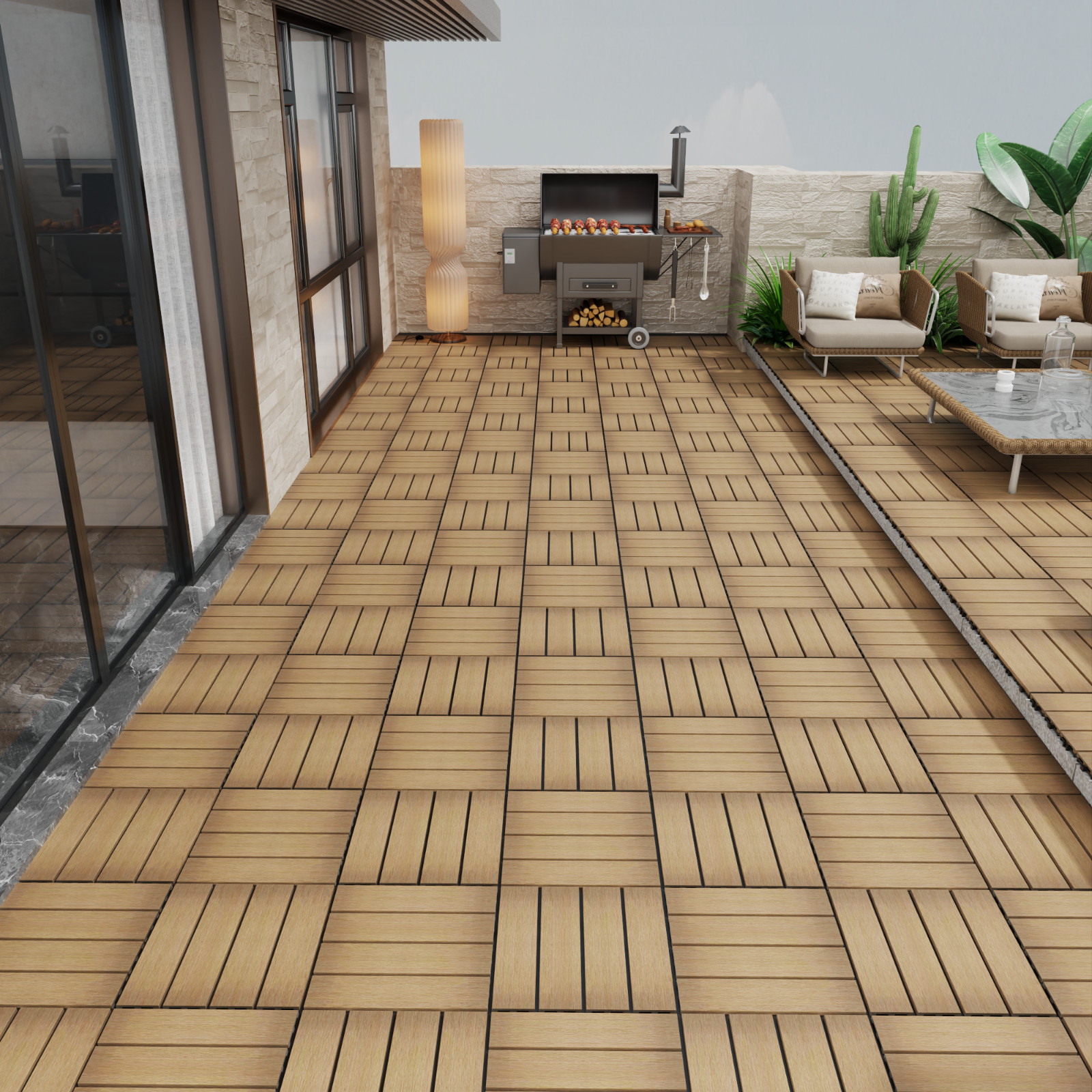 WPC Patio Tiles 22-Pack DIY Interlocking Decking 11.8″ Indoor Outdoor