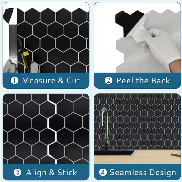 Hexagon 12 in. x 12.2 in. Black SPC Peel and Stick Backsplash Wall Tile (10 PK)