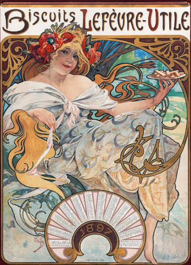 art nouveau Biscuits Lefevre Utile alphonse Mucha ceramic tile mural backsplash