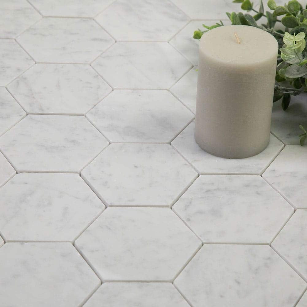 Elegant Italian Carrara Marble 4″ Hexagon Mosaic Tile for Backsplash & Floors