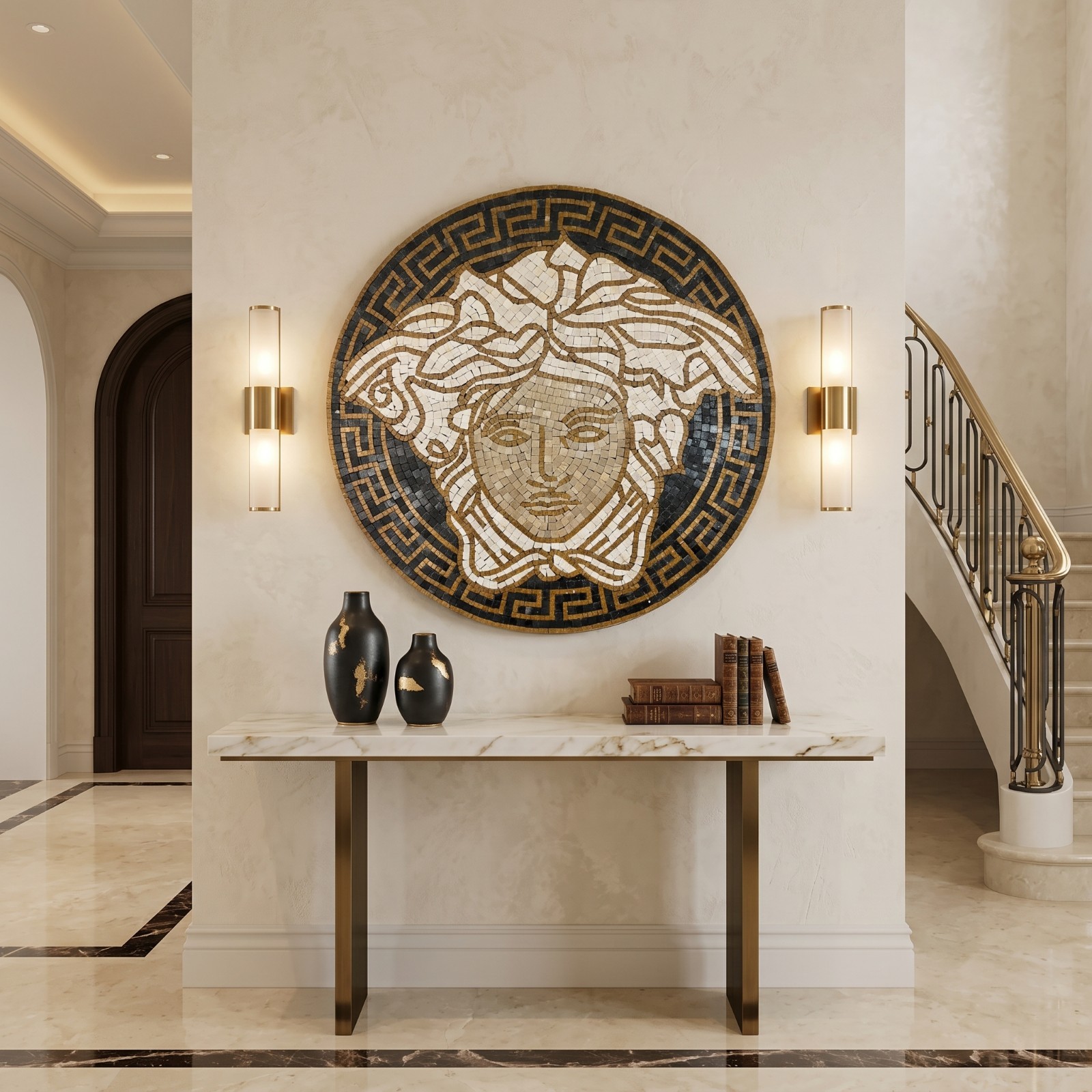 Medusa Medallion Marble Mosaic 24″ Round Handmade Tile Art Greek Roman Decor