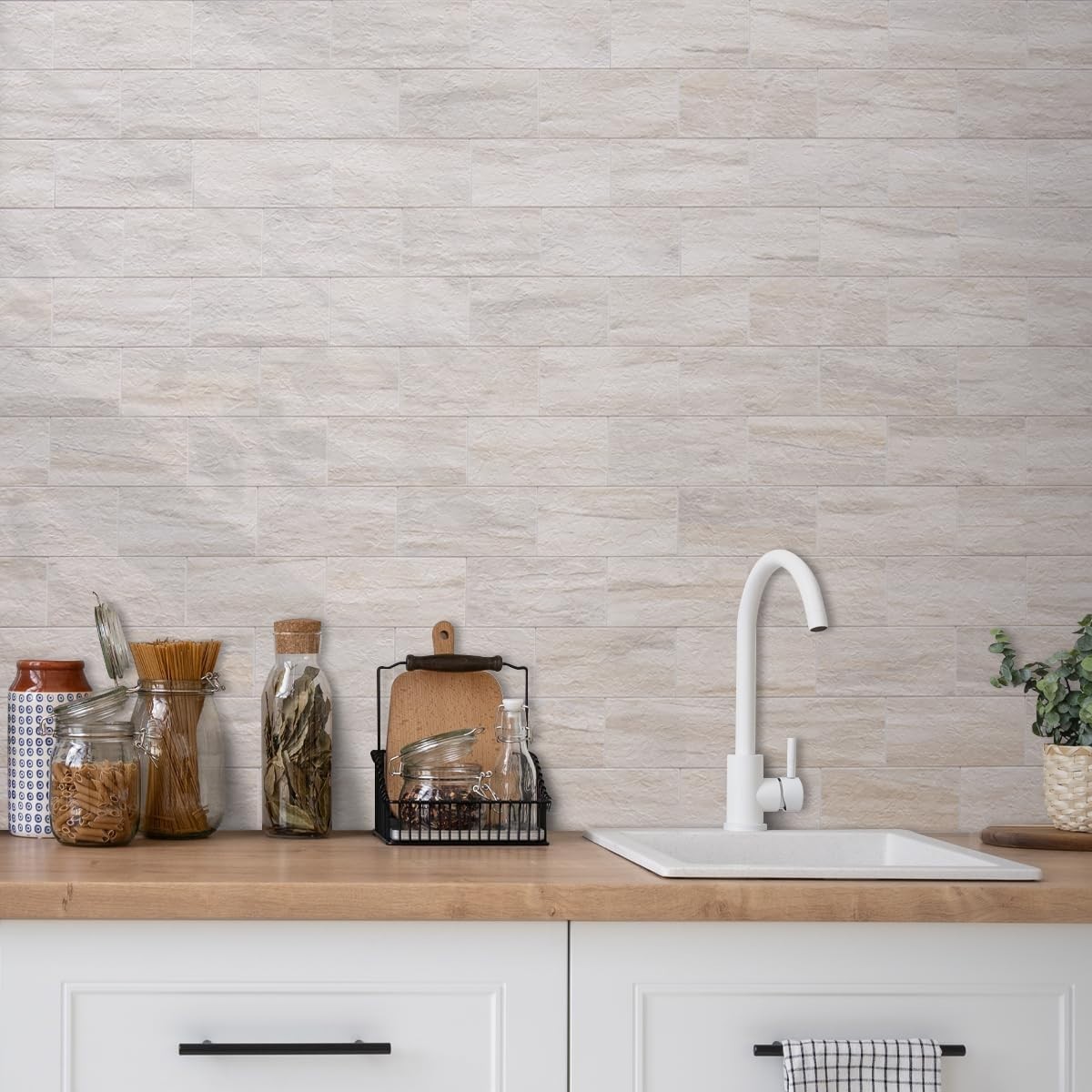 4-Piece Beige Slate Peel and Stick Backsplash Wall Tiles, 3″ x 6″ PVC Faux St…