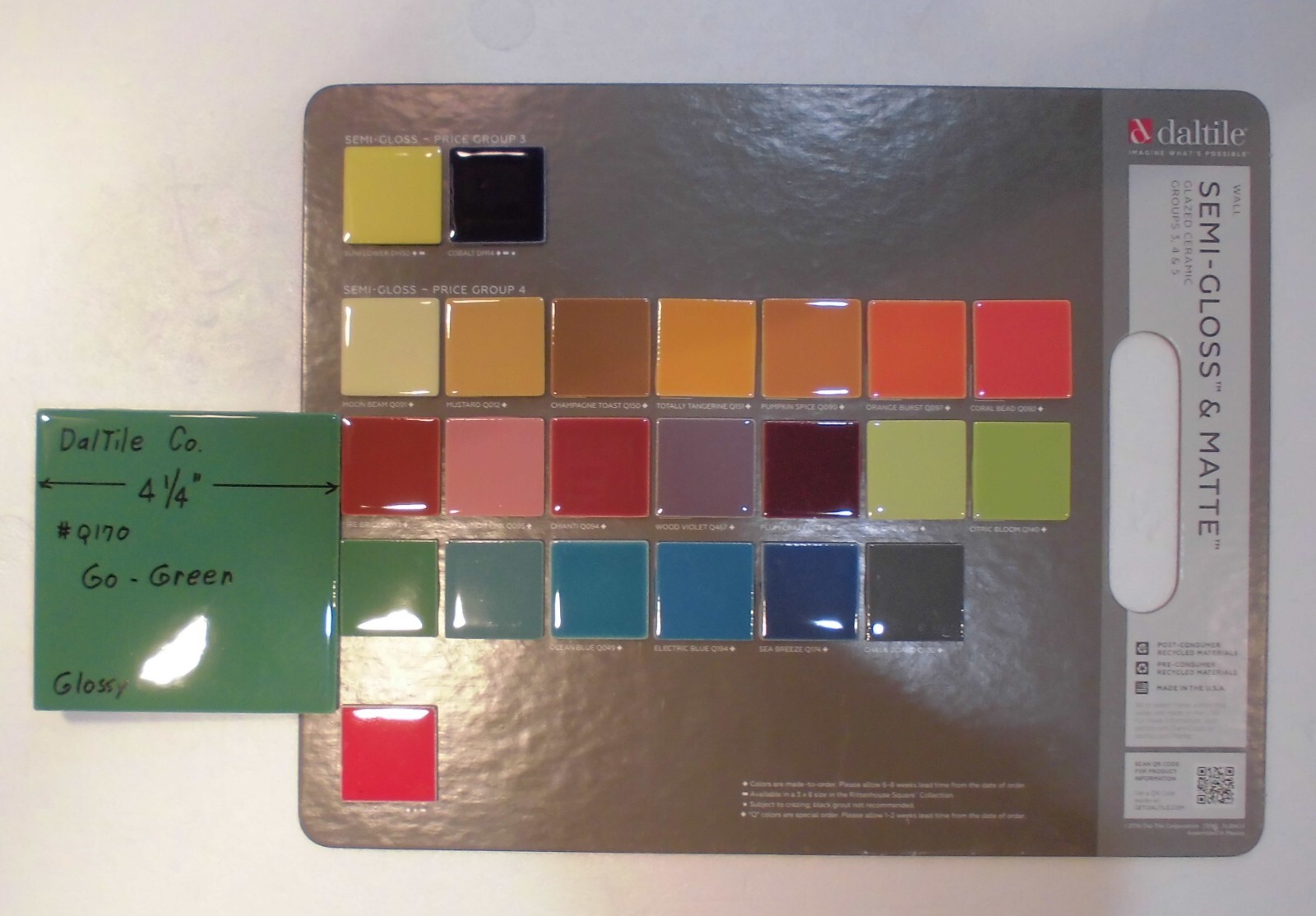1 pc. Go Dark Green: 4-1/4″ Glossy Ceramic Tile by Daltile, Best Quality, NEW